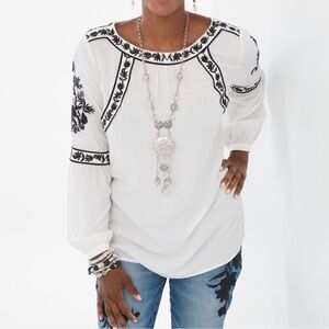 Chico's White Blouse with Black Embroidery